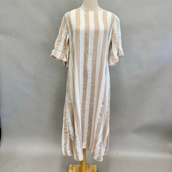 Everlane Linen A-Line Midi Dress Bone White/Caramel Stripe Size 8 Boxy Lagenlook - Picture 14 of 15